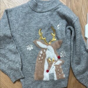 Cozy Gray Kids Sweater with Reindeer Design, 9-10 yrs